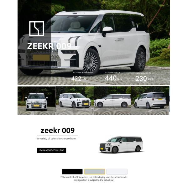 2026 Zeekr 009 Luxury Pure Electric MPV 450kW AWD 582-822km Range 3.9-4.5s 800V Ultra-Fast Charging L2++ ADAS Global Export