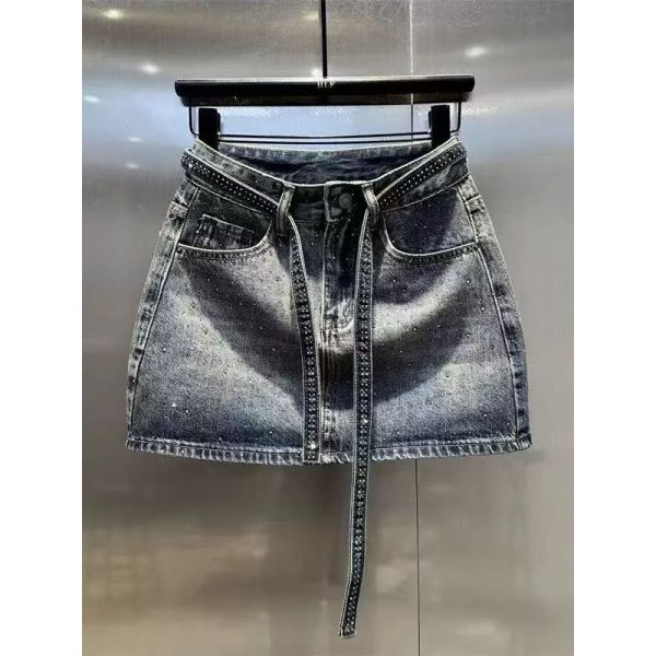 Rhinestone Studded Denim Skirt – High-Waist Mini Skirt with Adjustable Belt for Women