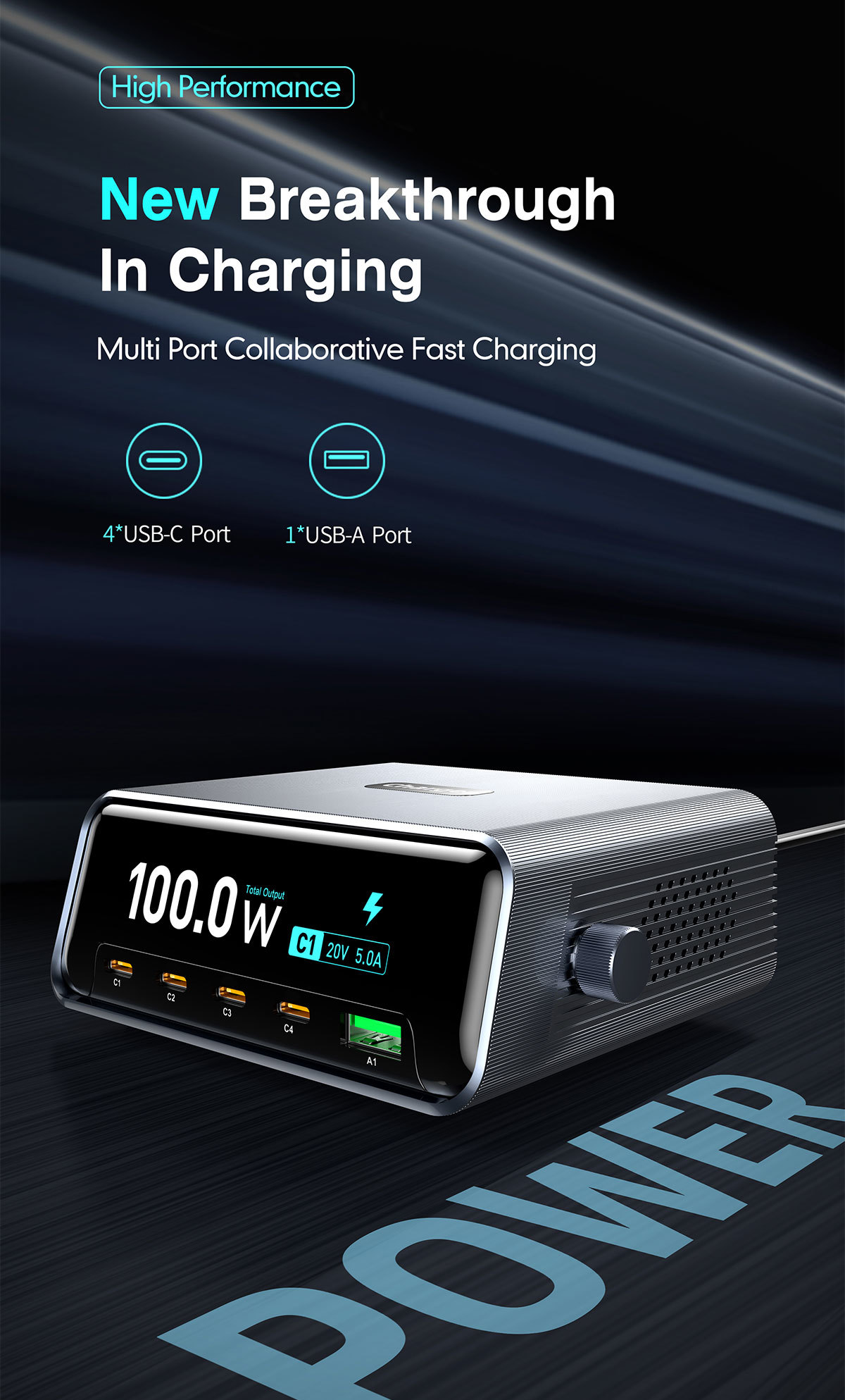100W GaN Fast Charging Station 5 Port Desktop USB C Charger 4 Type C and 1 USBA Fast Charging Hub