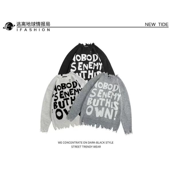 Men's Standard Thickness Round Neck Knitwear Coat with Letters Loose Fit Sweater