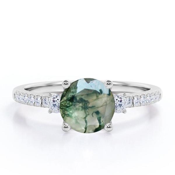Round Shape Natural Transparent Dendritic Moss Green Agate And Moissanite 3-Stone Engagement Ring