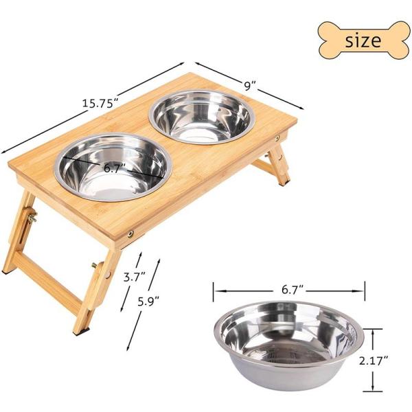 Single Tier Sustentável Bambú Dobrável Pet Feeder Antiderrapante Duas Copas para Sustentável