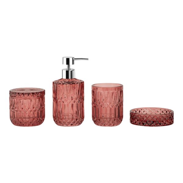 Glass bathroom accessories set round with diamond pattern lotion bottle with pump soap dish toothbrush holder