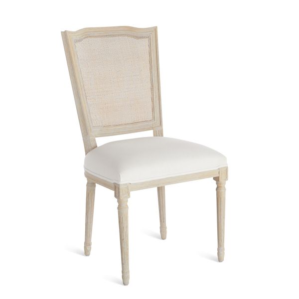 French-Style Dining Chair with Carved Details, Natural Rattan Back, and Linen Upholstered Seat