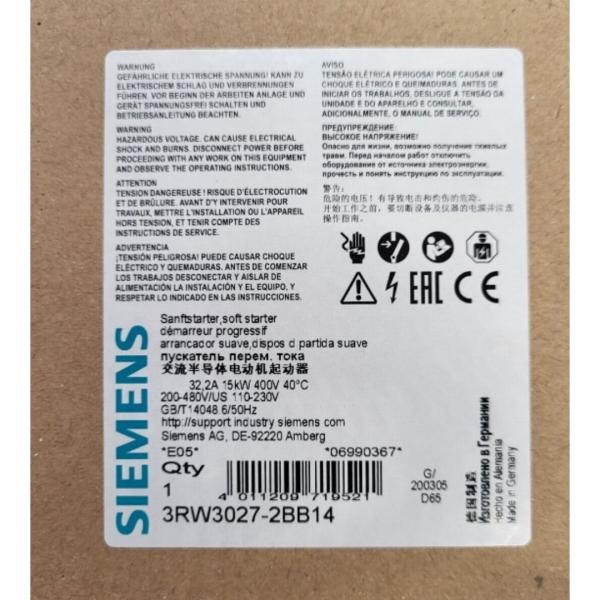 SIEMENS 3RW3027-2BB14 SIRIUS SOFT STARTER S0 32 A, 15 KW/400 V, 40 °C 200-480 V AC, 110-230 V AC/DC