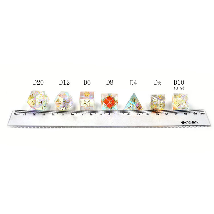 Natural Clear Quartz Crystal Polyhedral Dice Set with AB Rainbow Coating and Silver Ink Engraved Numbers for DND and RPG Games