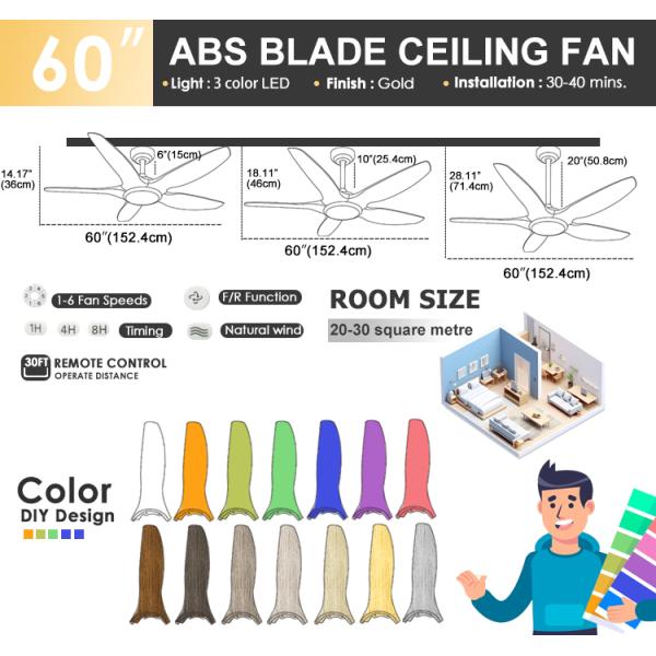 Melhore seu espaço de vida com ventilador de teto LED de 60 polegadas e iluminação dimmable de três cores