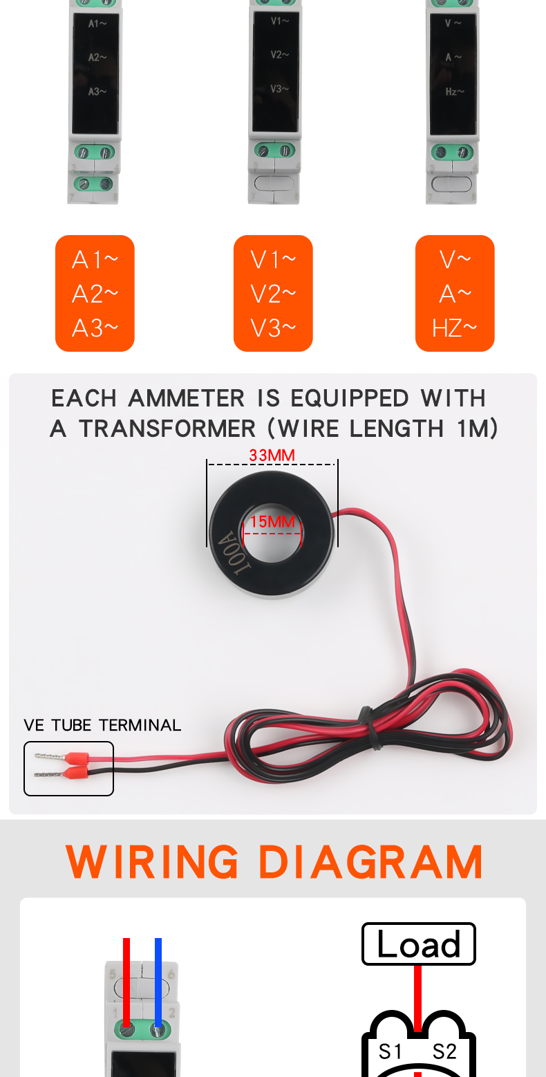 DIN Rail Mount Three Phase Mini Voltmeter AC 80-500V 0-100A Ammeter LED Digital Display IP65 Rated ABS Material Frequency Meter
