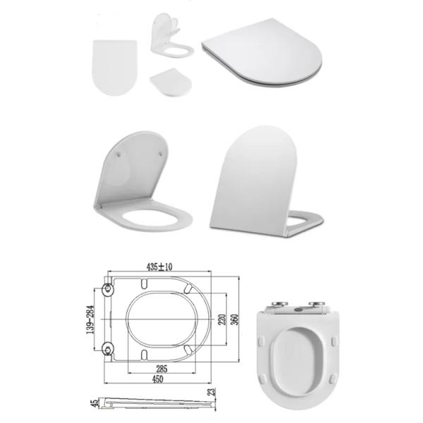 Белое D-образное мягкое закрытое крышко сиденья туалета с крышкой быстрого освобождения и двумя кнопками нажатия