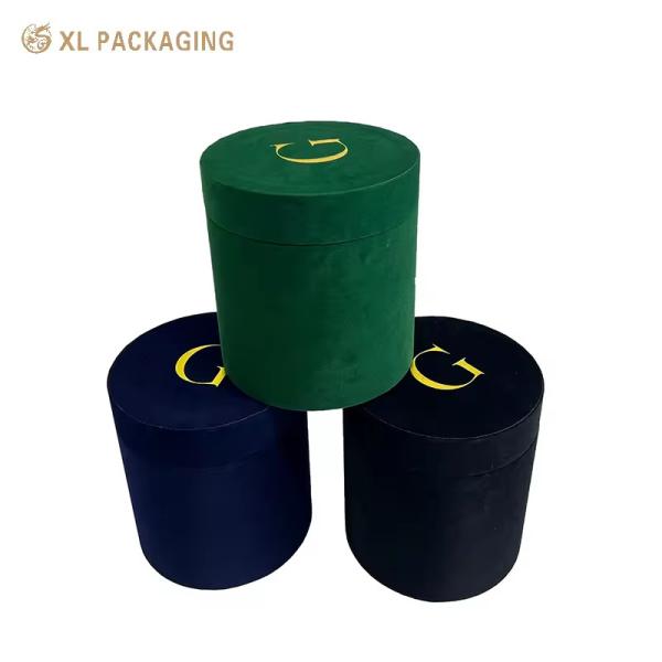 Velvet Round Cylinder Rose Flower Box With Gold Foil Logo for Scarf & Apparel Brands
