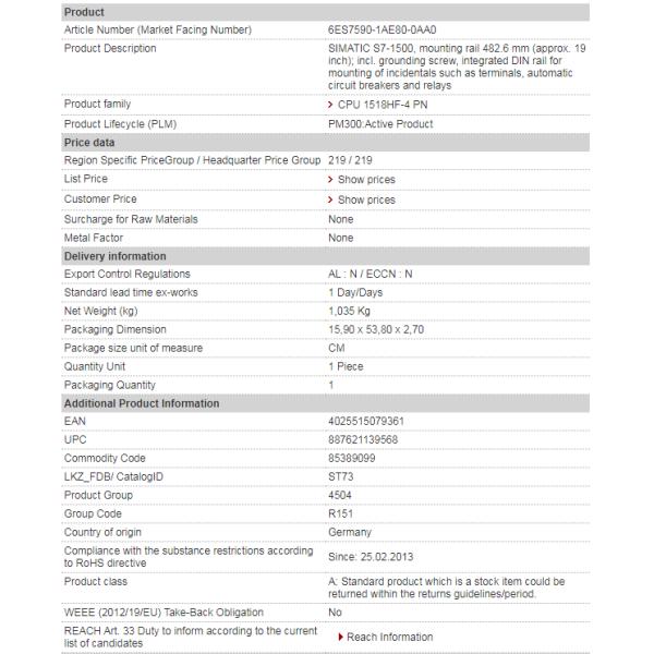 Рельс установки 6ES7590-1AE80-0AA0 SIMATIC S7-1500 482,6 Mm