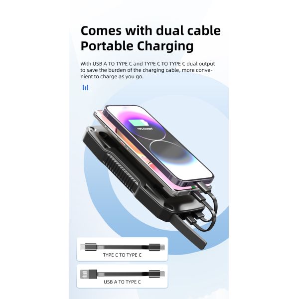 10000mAh Waterproof Solar Power Bank Portable Charger LED Light Cable External Battery Pack