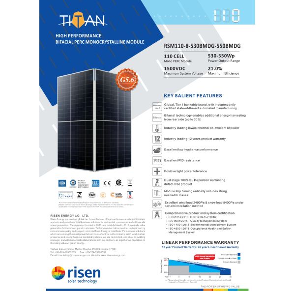 Tier 1 Brand 25 Year Warranty Pv Modules Risen Solar Pane 530w 535w 540w 545w 550w  PERC Mono Pv Panel