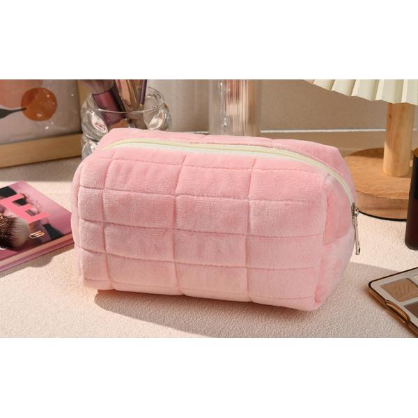 Pink Purple Yellow White Puffer Travel Organizer Soft Quilted Plush Makeup Brush Cosmetics Pouch Pink Puffy Toiletry bag