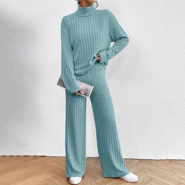 2024 Autumn and Winter Casual High Neck Knitted Long sleeved Sweater Set Women's Loose Pants Two Piece Set