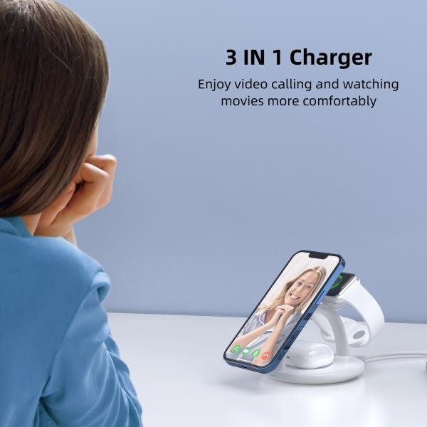 Портативная тройная станция зарядки - 15 Вт магнитное быстрое заряжение для телефона, часов и наушников, сертифицированное качество, пространство