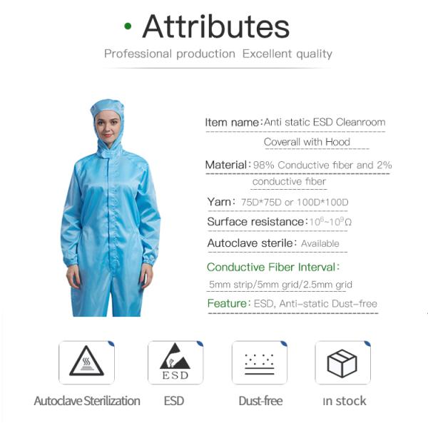Coverall волокна углерода нашивки чистой комнаты 5*5mm ESD с капюшоном для eletronic и phamaceutical индустрии