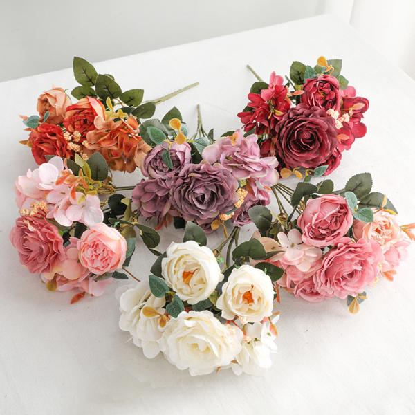 Simulated European style small handle bouquet of roses, fake flowers, living room home decoration, simulated bouquet of 6 hydrangeas, hibiscus roses