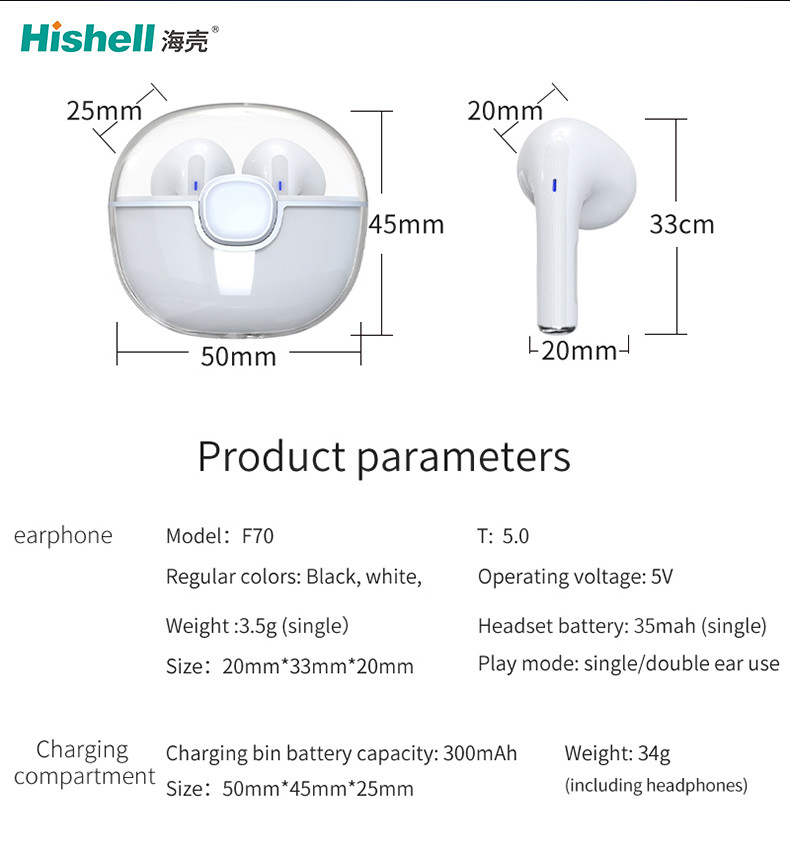 Наушники F70 Bluetooth бутонов ABS IPX5 HiFi делают водостойким с типом соединителем c