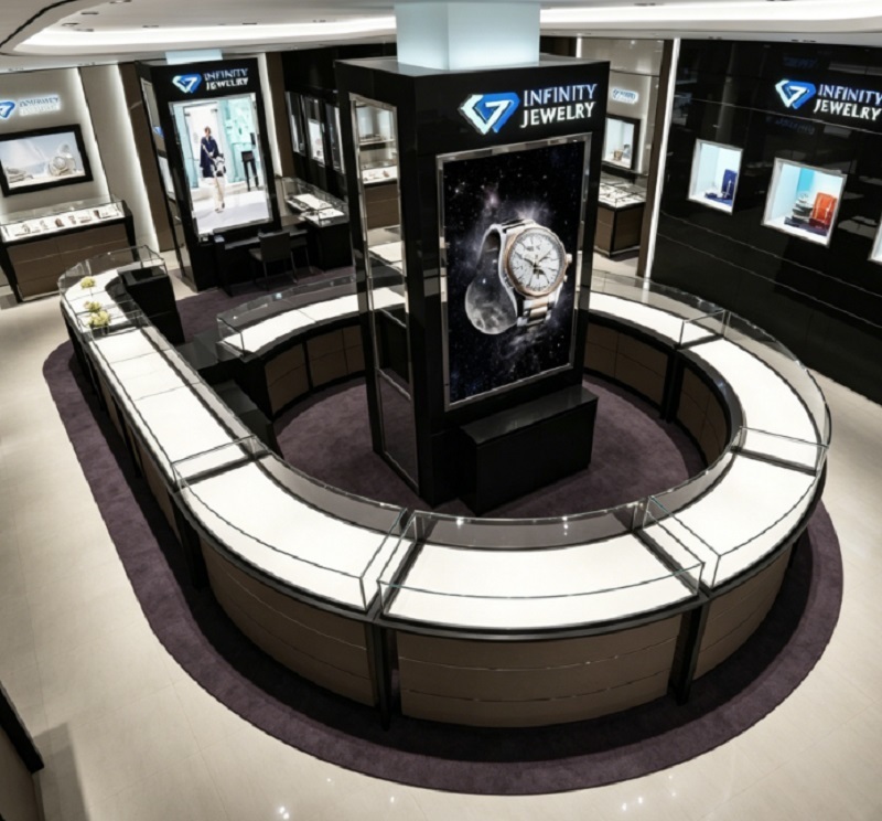 Modern Curved Black Brown Jewelry Store Interior Design Complete Turnkey Fixture Package Central Showcase LED Digital Showroom