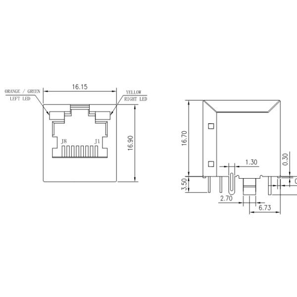 RV1-1610QP1A Vertical RJ45 Jack 1000Base-T Magnetic Integrated