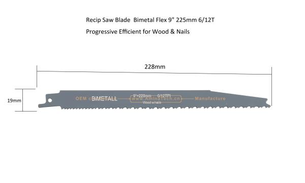 Recip Saw Blade Bimetal M42 8% cobalt Demolition  for Cutting Wood & Nails Size:9 225mm 6/12T