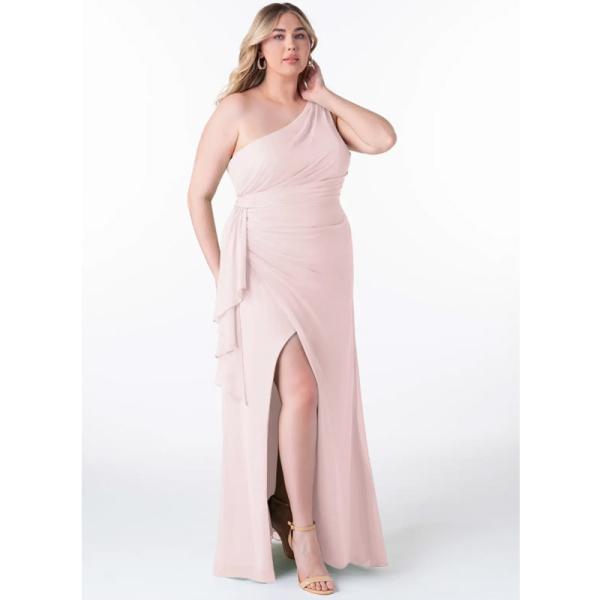 Fashionable Fitted Pleated Ruffle Chiffon Long Bridesmaid Dress Blushing Pink Sleeveless One-Shoulder Plus Size