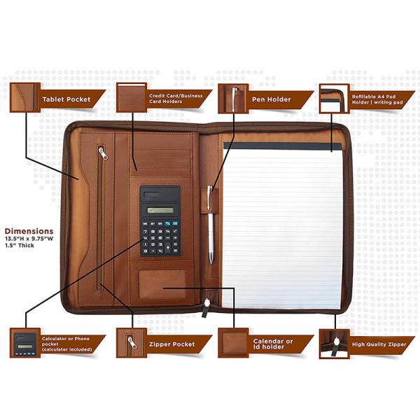 Zip Closure Business Portfolio Organizer Premium Water Resistant PU Leather Made