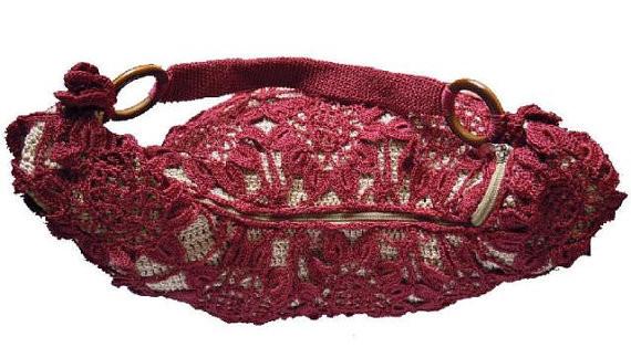 Handmade crochet handbag hobo women wine red bag flower bag