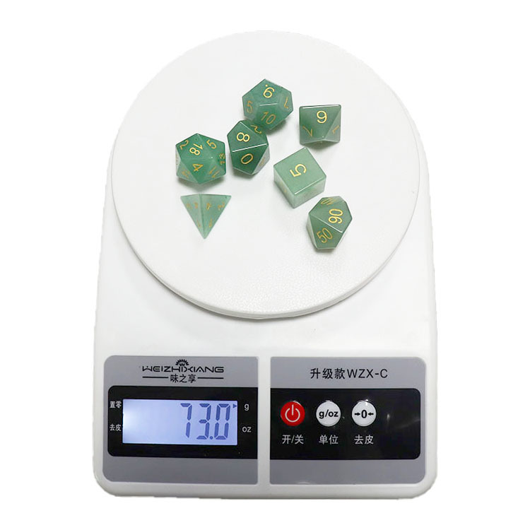 Natural Green Aventurine Gemstone Polyhedral Dice Set - Hand Carved DND Dice with Golden Ink Engraved Numbers