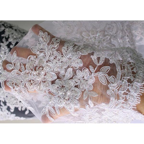 Embroidery Pearl Floral Corded Lace Fabric , White Bridal Lace Fabric With Scalloped Edge