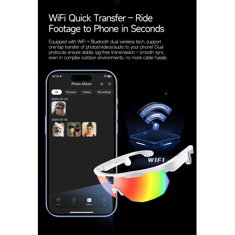W640 AI Smart Glasses for Cycling Running & Driving-1080P Camera Voice & App Control IP66 Waterproof Magnetic Charging