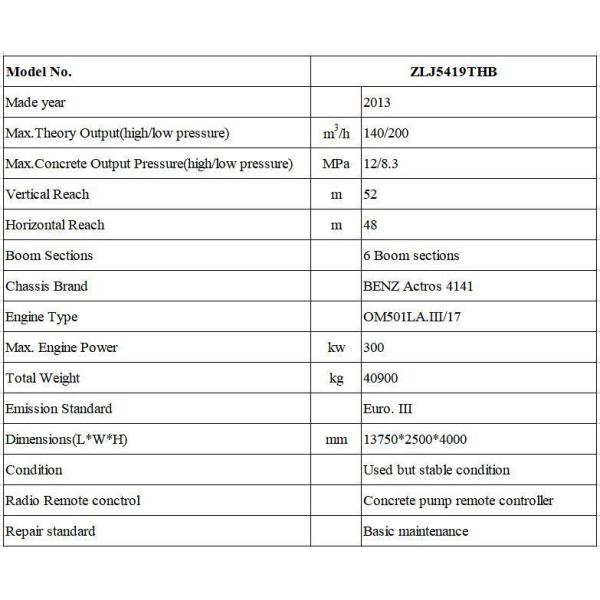 13750*2500*4000 мм Размеры L*W*H для 2013 года Zjl 52 Meter Second Hand Concrete Pump