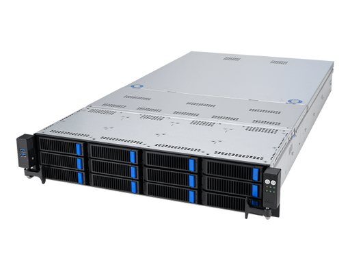 ASUS RS720-E11-RS12U 2U Server: Supports 2x 4th/5th Gen Intel Xeon Scalable CPUs, 32x DDR5 DIMMs (Up to 8TB at 5600MHz), 12x Hot-Swap NVMe Drive Bays, 9x PCIe 5.0 Slots, OCP 3.0, and 4x Dual-Slot GPUs