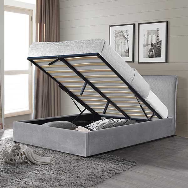 Light Grey King Size Gas Lift Storage Bed PU Leather With Double Pillow Headboard