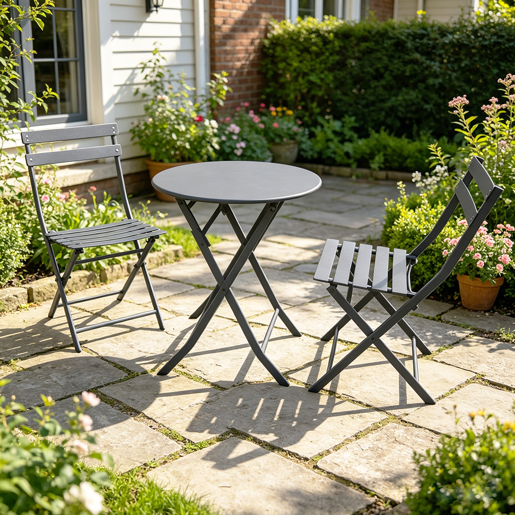 Wholesale Price Outdoor Furniture Iron Frame Folding Table and Chair Black Rust Prevention Fold Chairs and Round Table