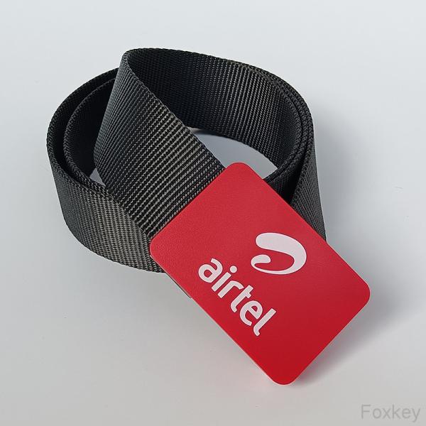Red Promotional Belt Buckles Plastic POM For Telecom Promotion Logo Print