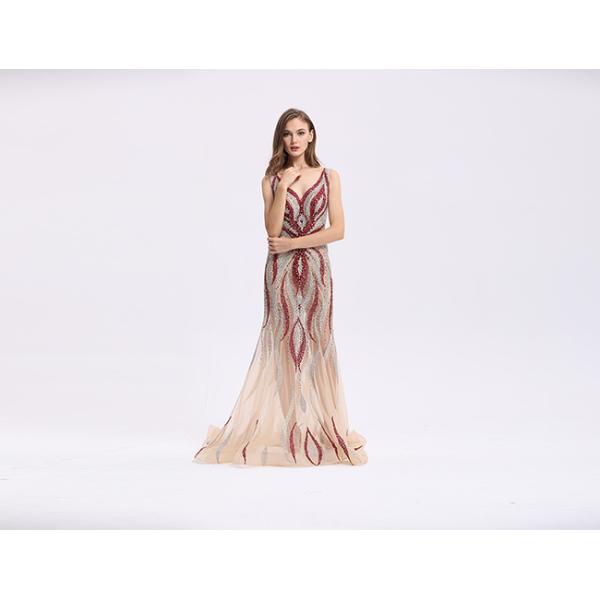 Champagne Lace Beaded Middle Eastern Evening Dresses U - Neck Style