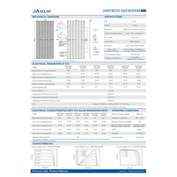 JA SOLAR 580-605w Bifacial Photovoltaic Panels ISO/IEC/EC/UL Certified Solar Solution