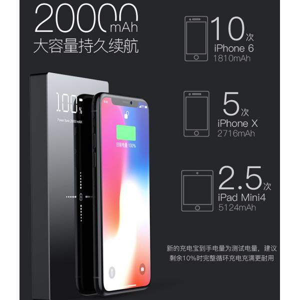 Luxury Temper Glass Dual Port Qi Wireless Charging Power Bank 20000mah Big Capacity