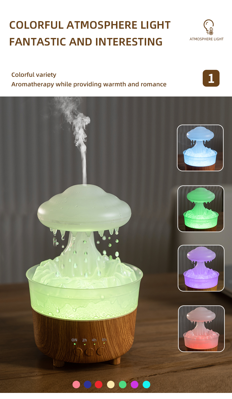 New Arrival Portable Electric Wood Grain Air Rainfall Mushroom Water Drop Aroma Diffuser Rain Cloud  Humidifier