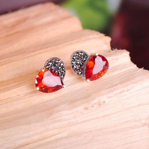 925 Silver Red Cubic Zirconia and Marcasite Heart Stud Earrings (E11067)