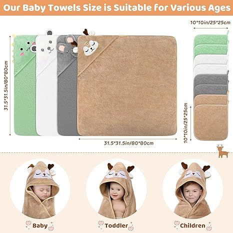 12 PCS Baby Bath Towels Set, 4 PCS Animal Hooded Baby Towels & 8 PCS Washcloths Set, Ultra Absorbent Cute Soft 