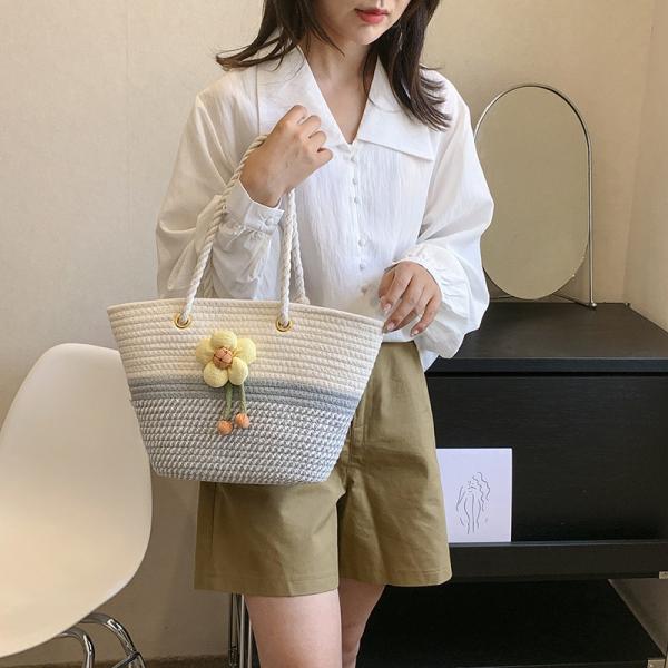 Luxury Large Summer Beach Personalized Custom PU Leather Trim Crochet Raffia Straw Tote Bag Handbag Manufacturers For Women