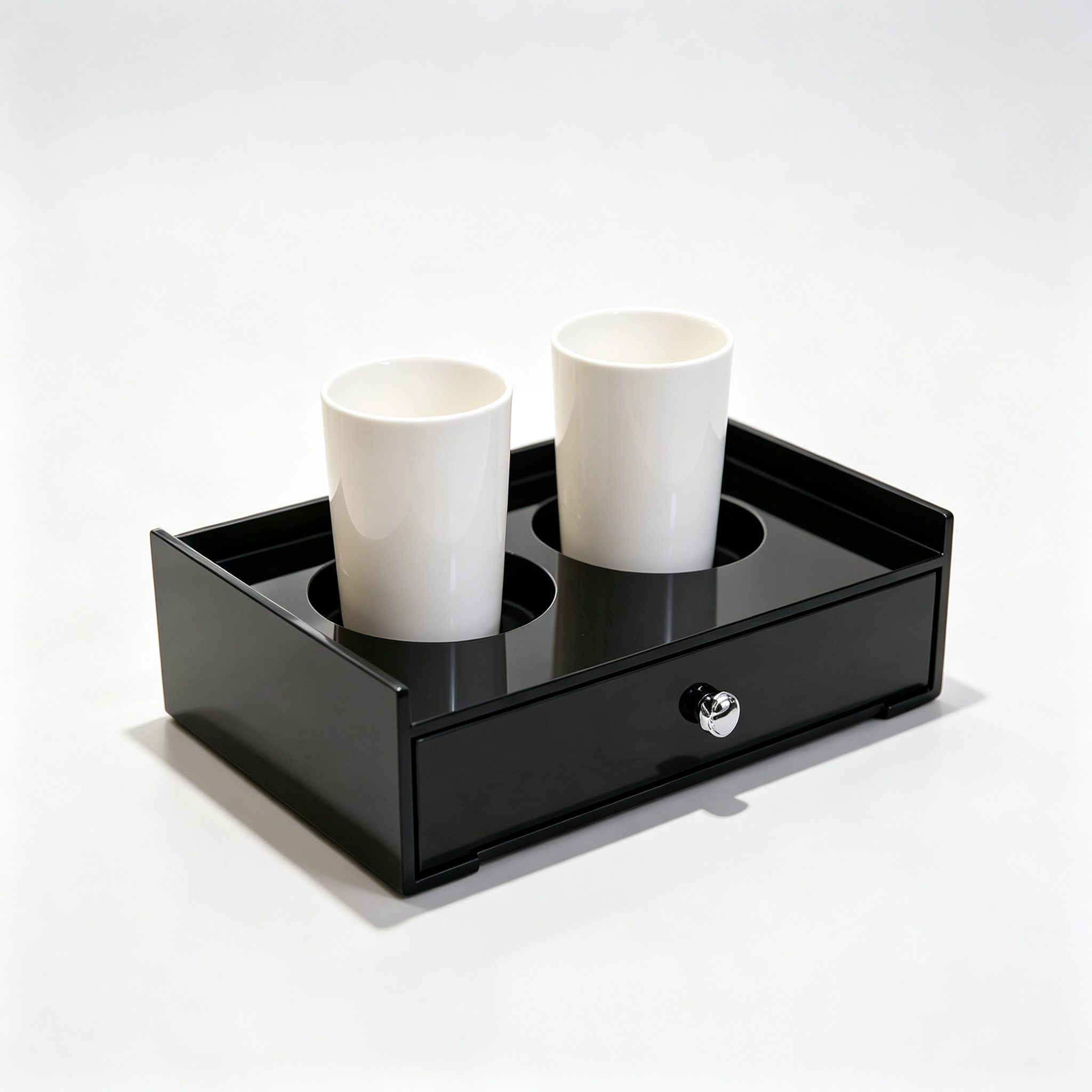 Black Acrylic 2 Cup Holder with Drawer, Multi-functional Bar Desktop Storage Organizer for Hotel KTV Club