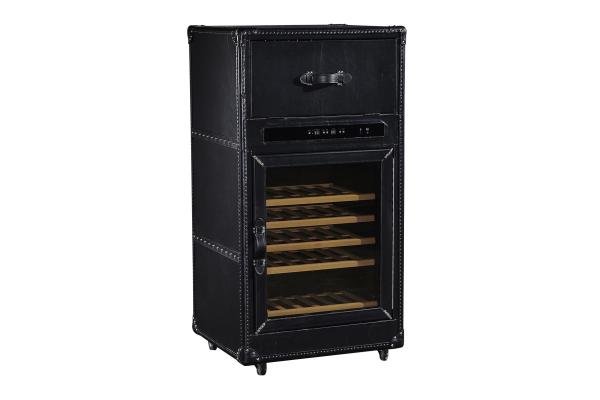 Black Color Wine Storage Cabinet Top Grain Vintage Scratches Genuine Leather Wheel Legs