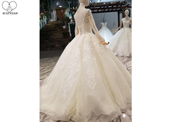 Ivory Long Sleeve High Neck Bridal Gowns Backless Sweep Train Special Beaded Net