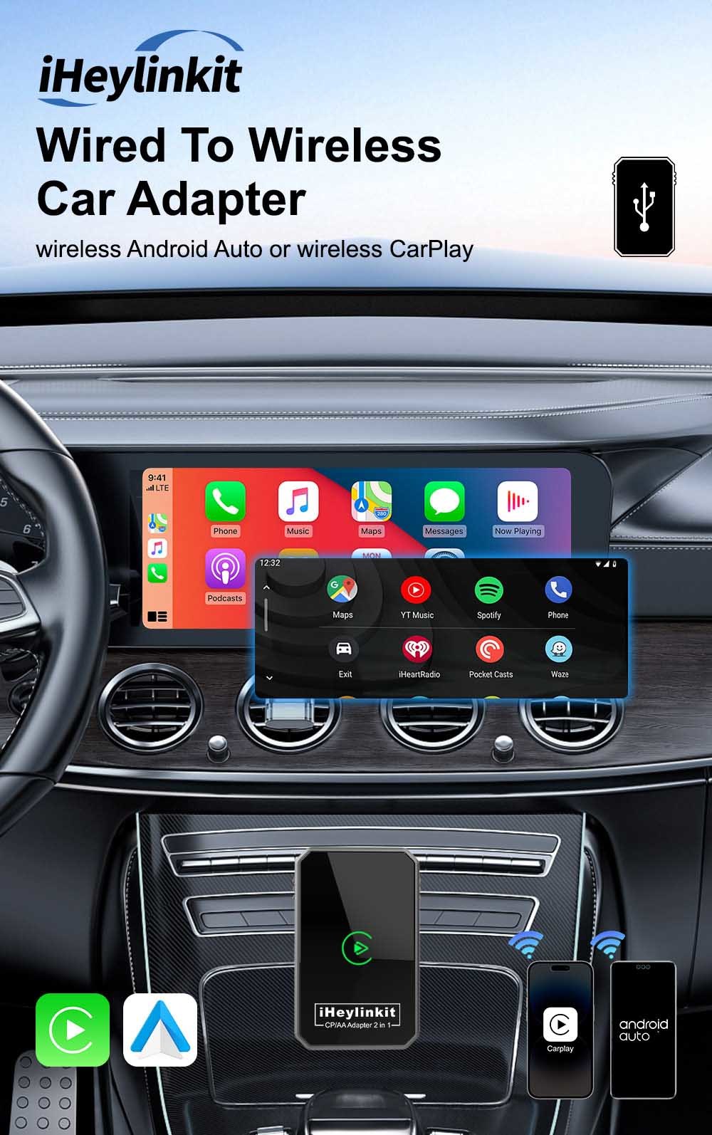 Carsmart Wireless Carplay Android Auto Car Adapter Dongle CE Certificated