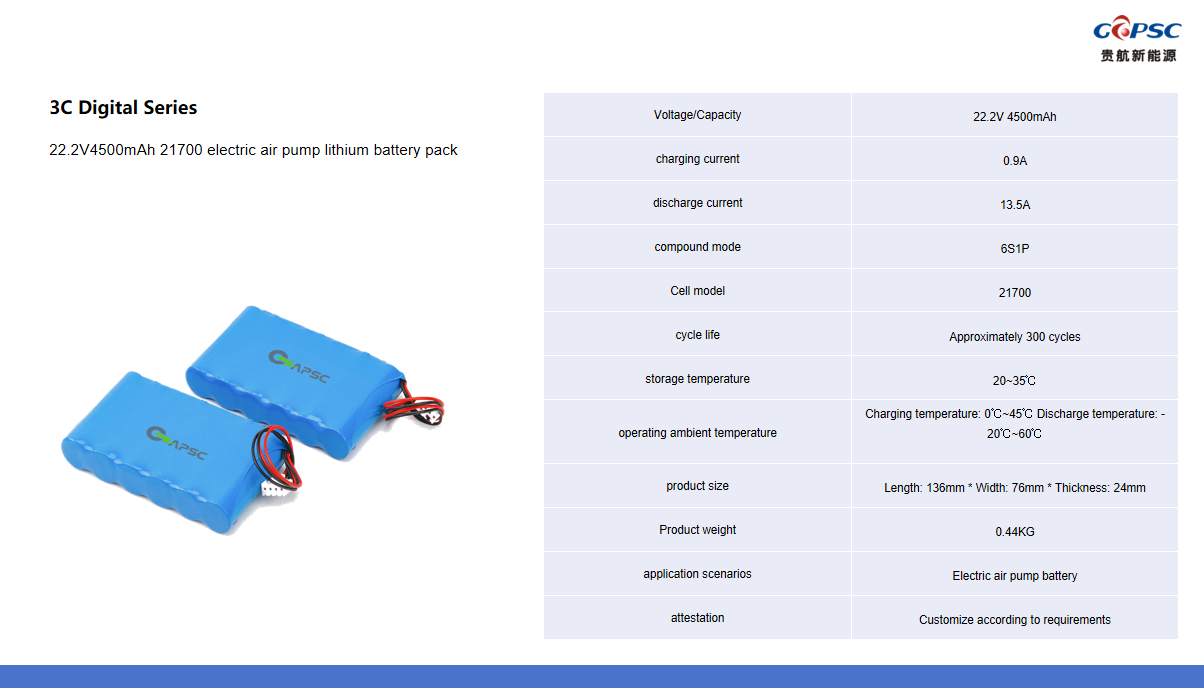 22.2V4500mAh 21700 electric air pump lithium battery pack