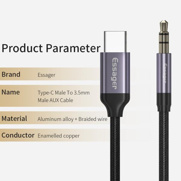 Essager Type C To 3.5mm Male Audio Aux Cable Grey 1m For Type C Devices